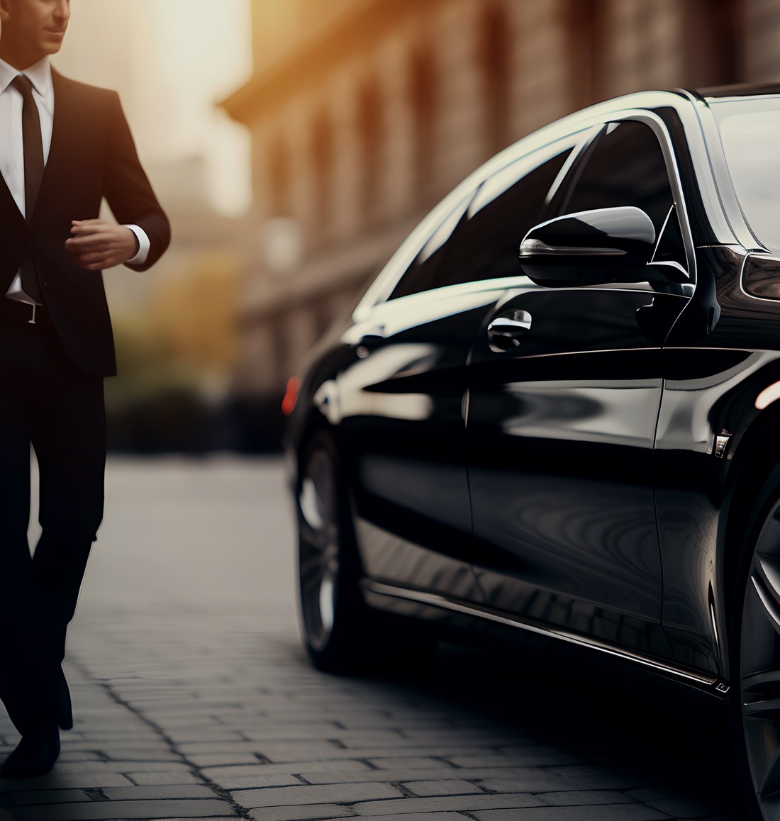 Chauffeur privé en costume rejoignant une berline noire PrestigeDrivers